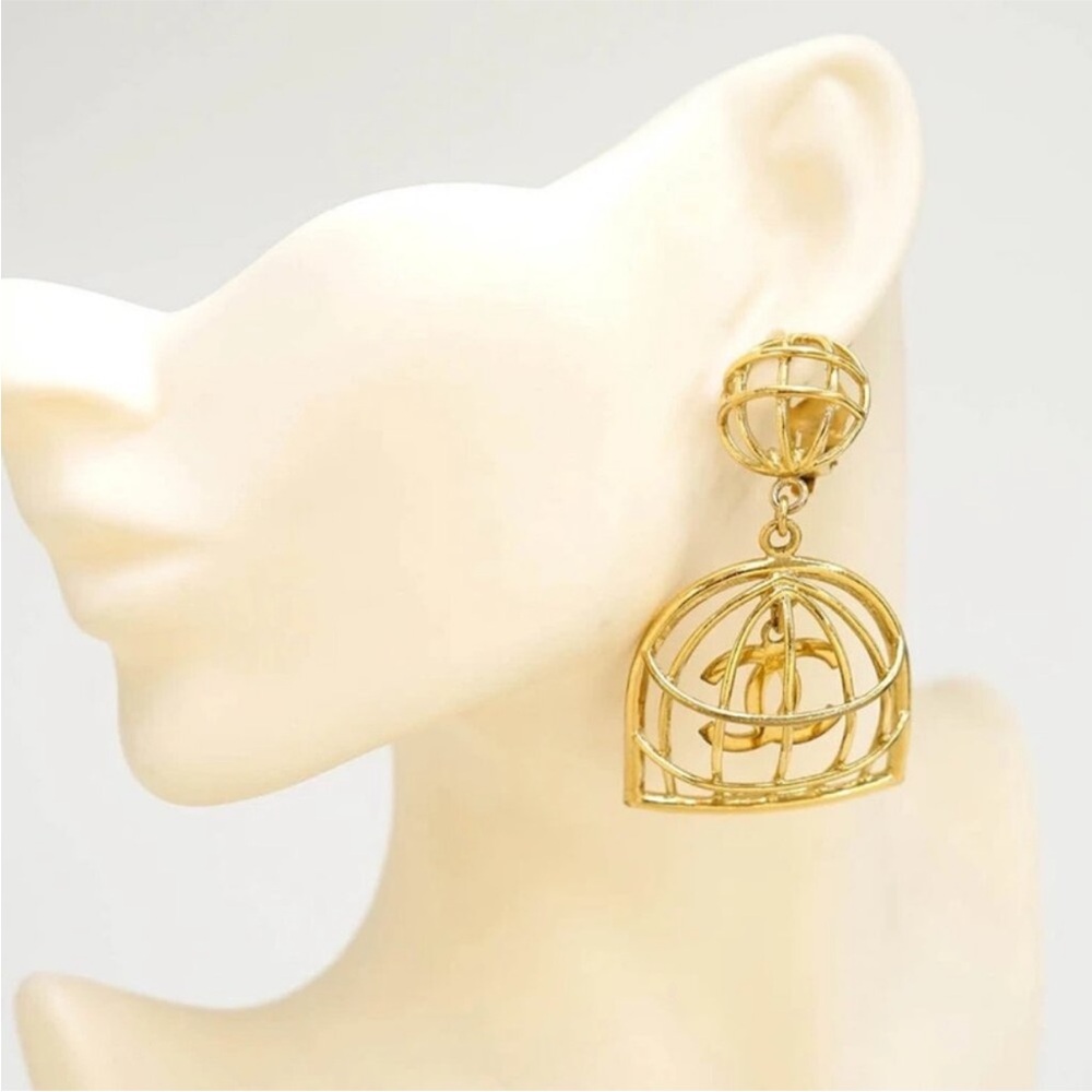 CHANEL Gold Cage Drop CC logo Vintage 1993 24k Gold Plated Earrings